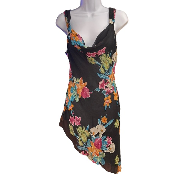 Y2K View 100% Silk Floral Blouse Asymmetrical Hem Cowl Neck Boho Party Women M - Picture 1 of 7